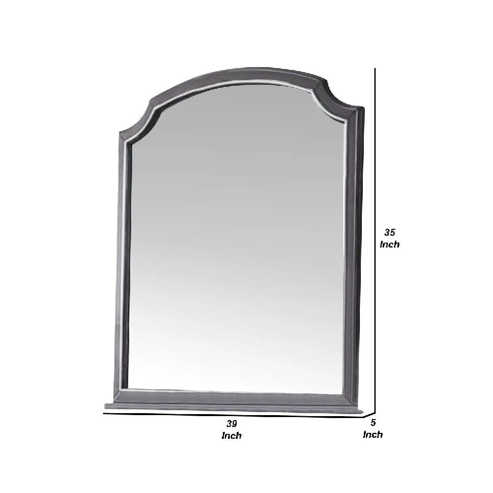 39 Inch Wood Mirror, Scooped Corners, Silver Trim, Charcoal Gray By Casagear Home