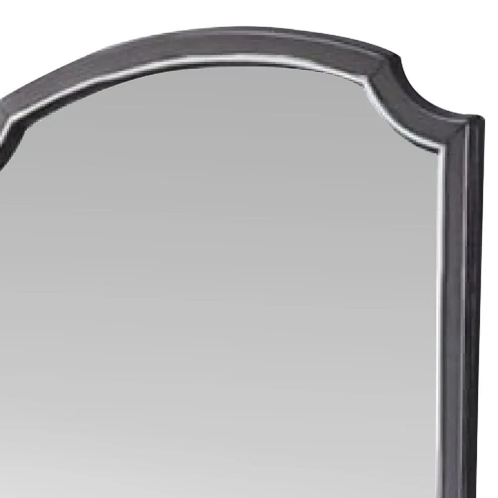 39 Inch Wood Mirror, Scooped Corners, Silver Trim, Charcoal Gray By Casagear Home