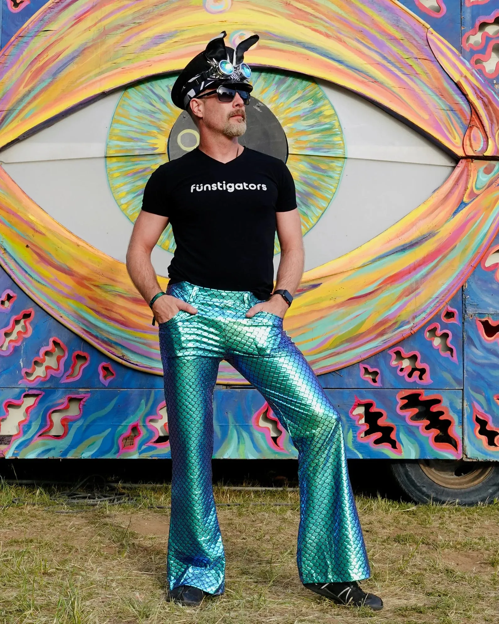 4 Pocket Green Merman Flare Pants - Holographic Metallic Green Fish Flare Bell Bottoms