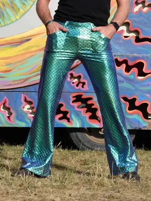 4 Pocket Green Merman Flare Pants - Holographic Metallic Green Fish Flare Bell Bottoms