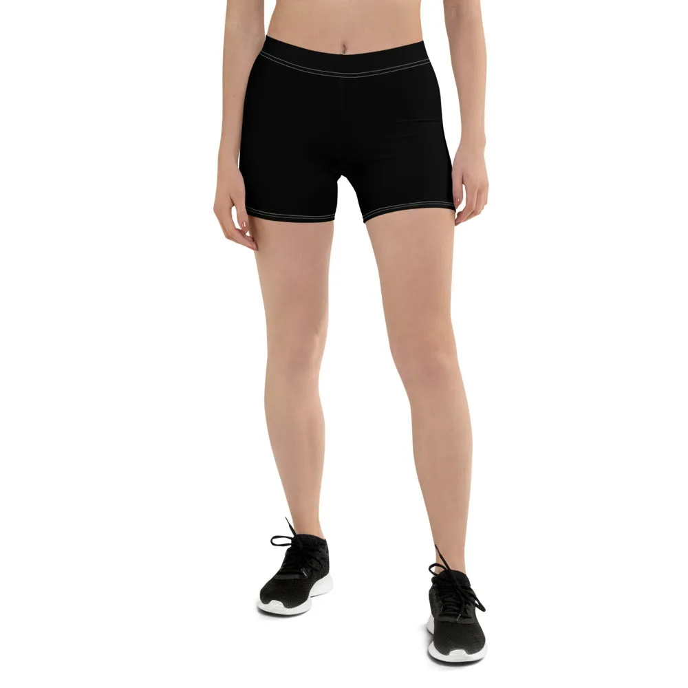 Black Designer Shorts For Women, Solid Color Black Elastic Gym Tight Pants-Made in USA/EU/MX