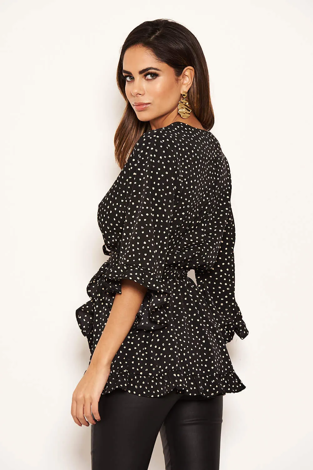 Black Frill Spotted Wrap Top