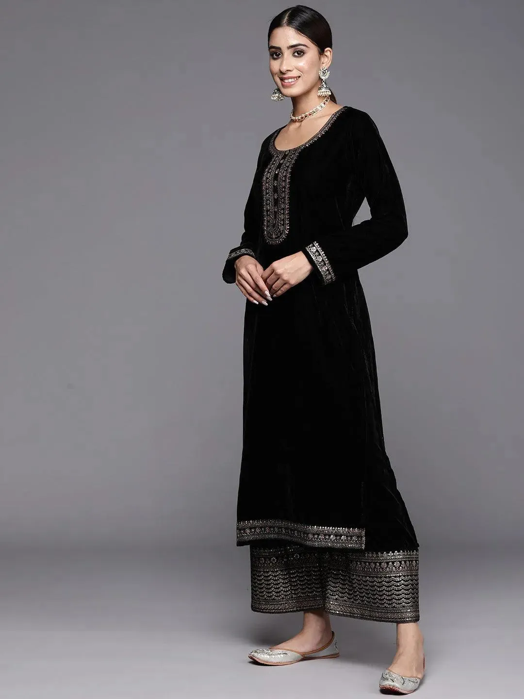 Black Yoke Design Velvet Straight Suit With Dupatta