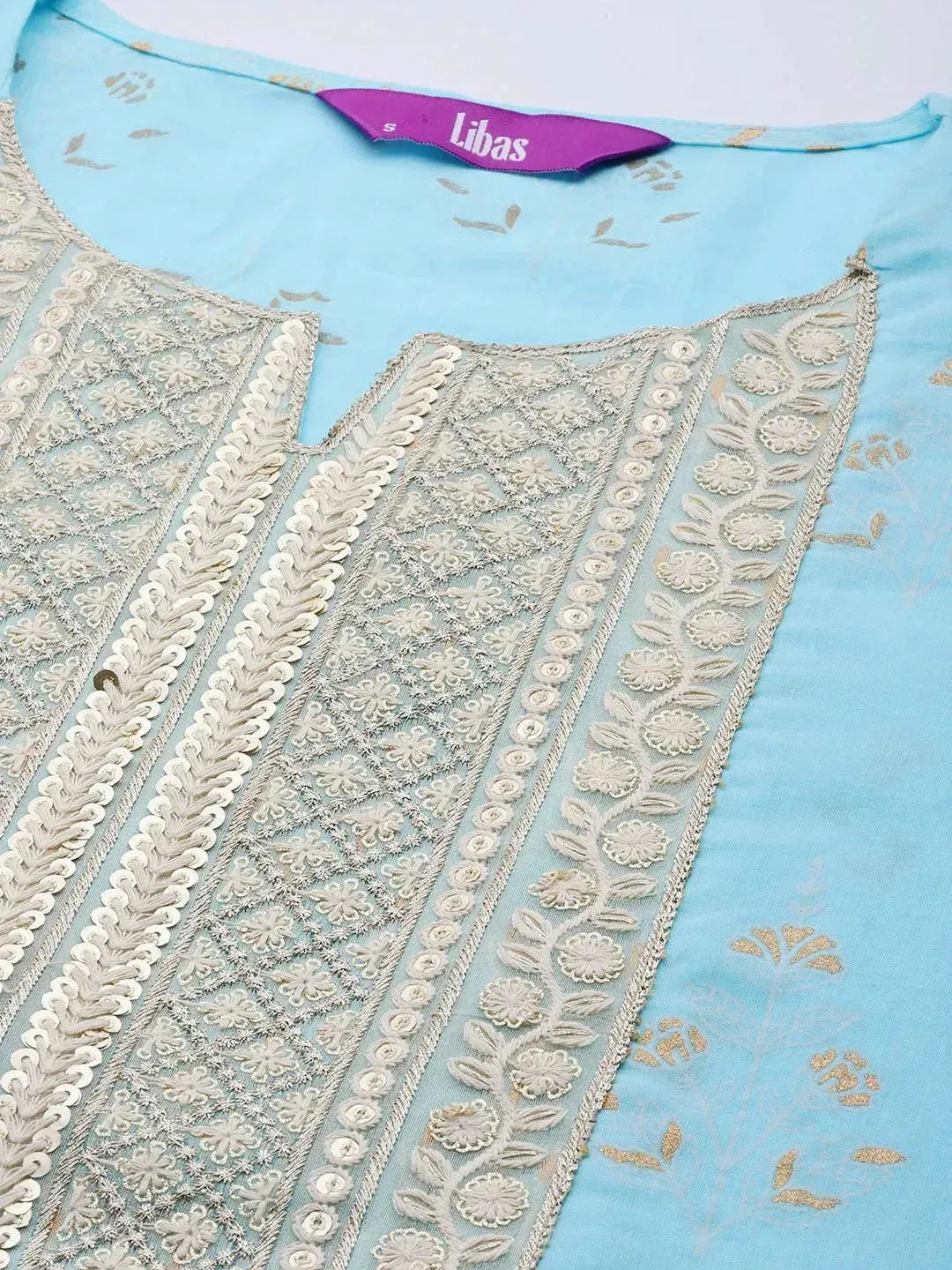 Blue Yoke Design Cotton A-Line Kurta With Trousers & Dupatta