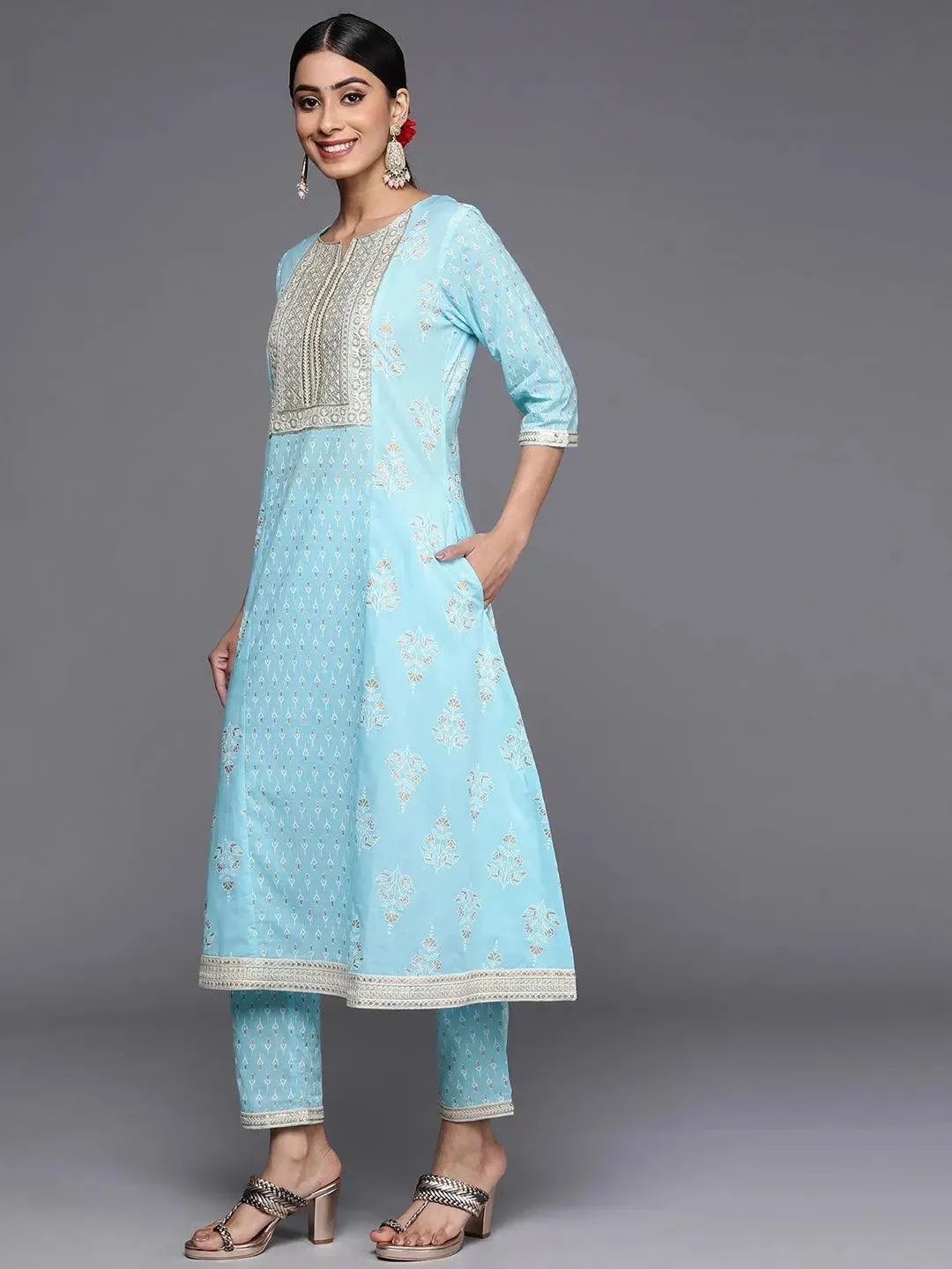 Blue Yoke Design Cotton A-Line Kurta With Trousers & Dupatta