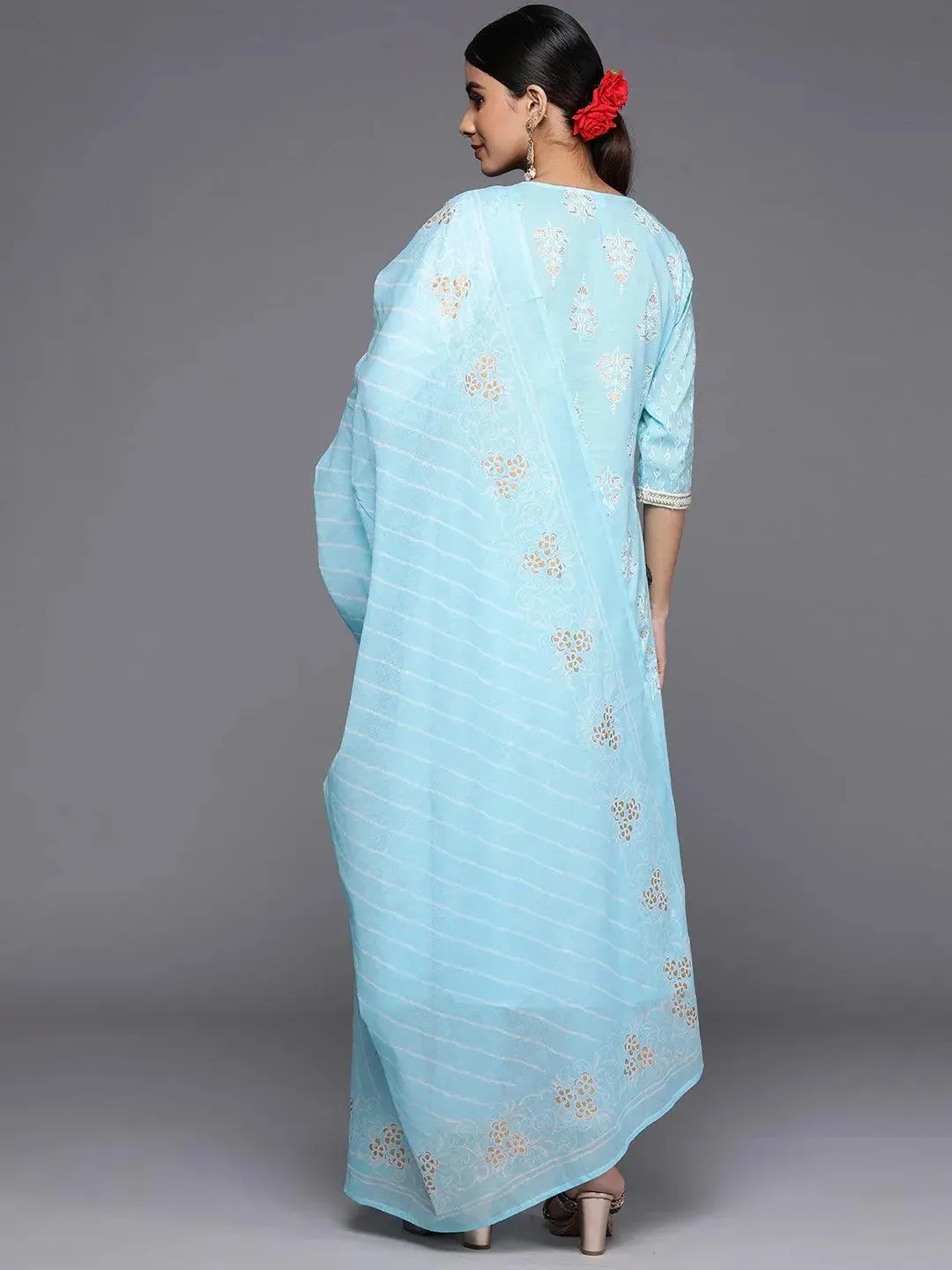 Blue Yoke Design Cotton A-Line Kurta With Trousers & Dupatta