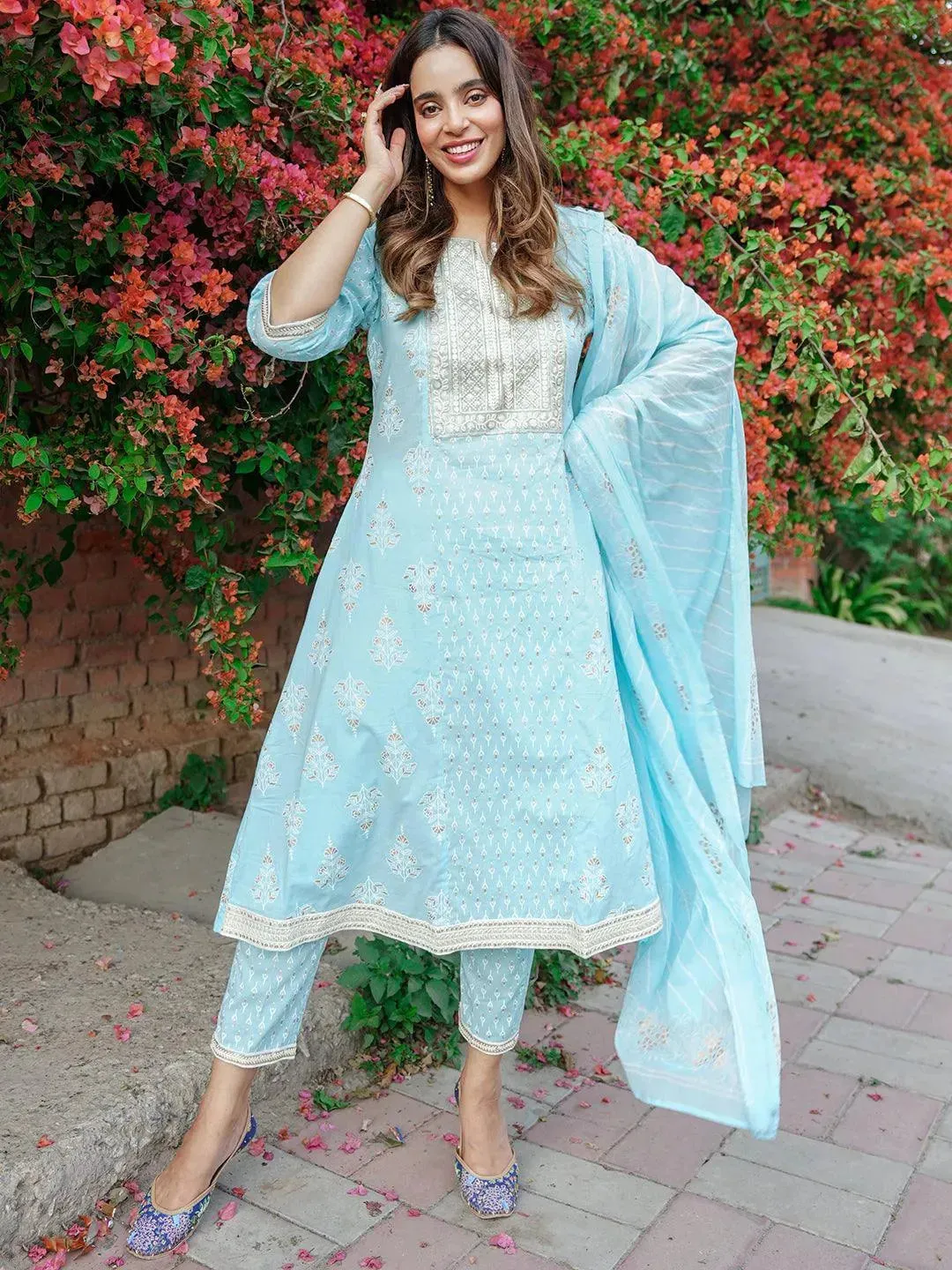 Blue Yoke Design Cotton A-Line Kurta With Trousers & Dupatta