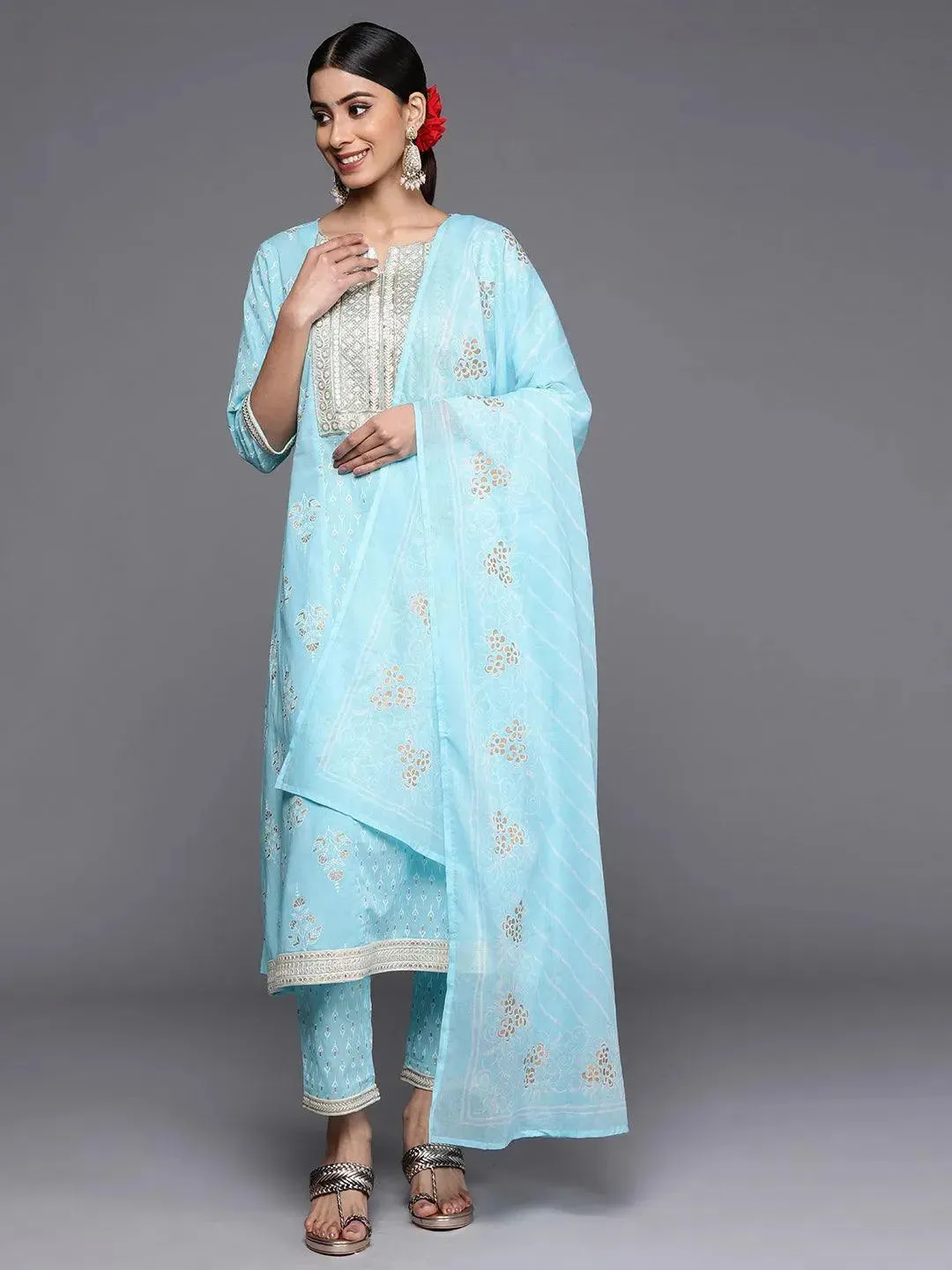 Blue Yoke Design Cotton A-Line Kurta With Trousers & Dupatta