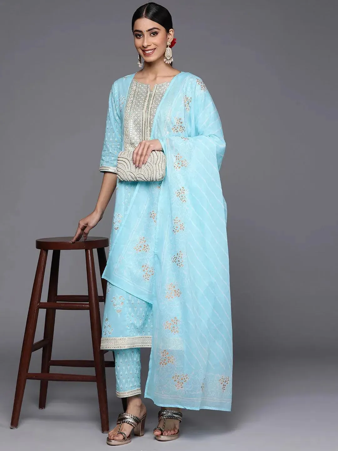 Blue Yoke Design Cotton A-Line Kurta With Trousers & Dupatta