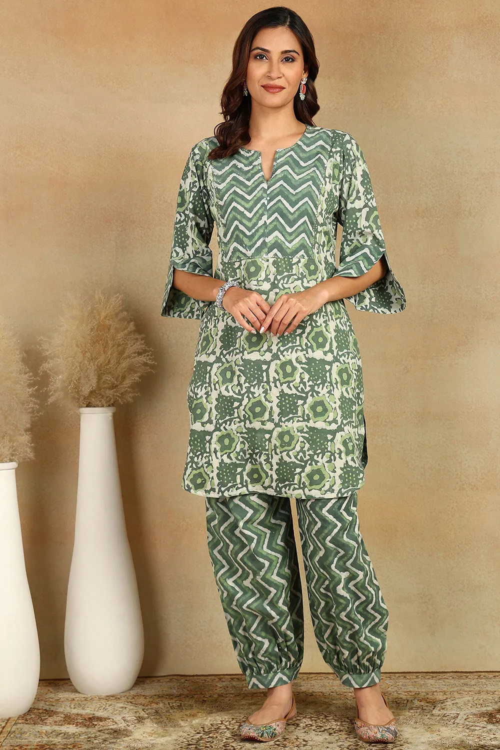 Bottle Green Cotton Hand Block Bagru Printed 2-Piece Kurta Set