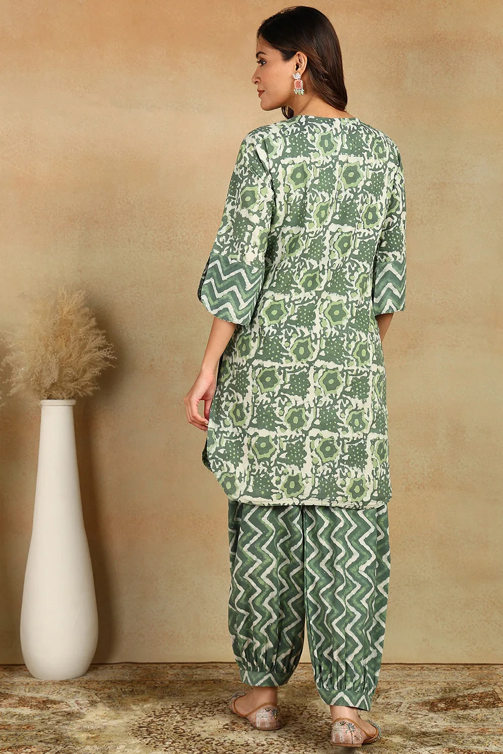 Bottle Green Cotton Hand Block Bagru Printed 2-Piece Kurta Set