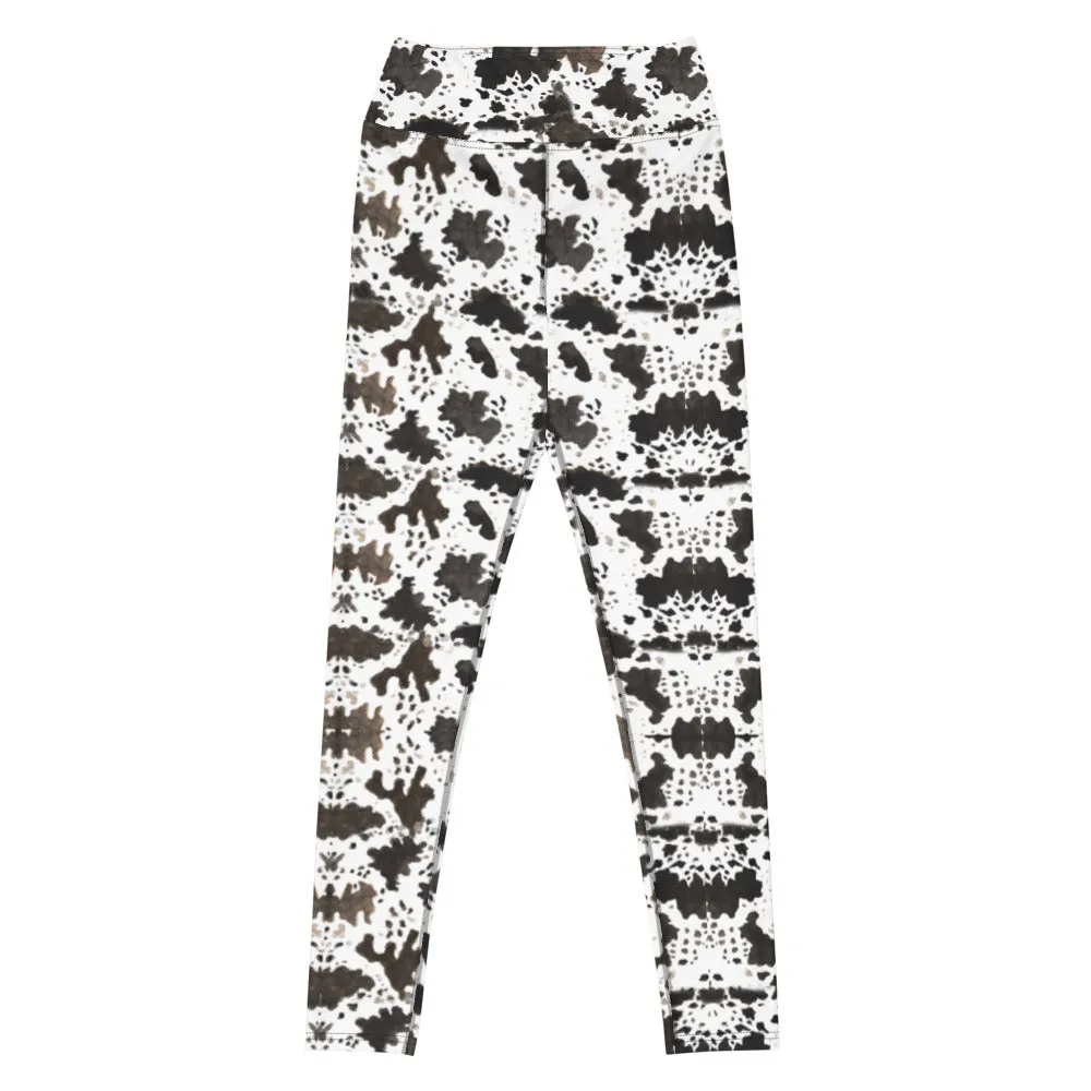 Brown Cow Print Yoga Leggings, Animal Print Women's Long Sports Tights-Made in USA/EU/MX