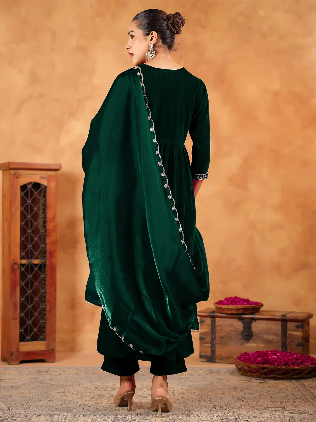 Dark Green Velvet Zari Embroidered Anarkali Kurta Set