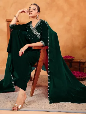 Dark Green Velvet Zari Embroidered Anarkali Kurta Set