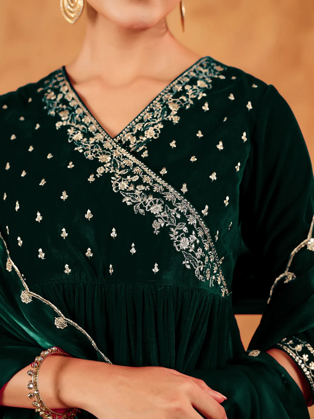 Dark Green Velvet Zari Embroidered Anarkali Kurta Set