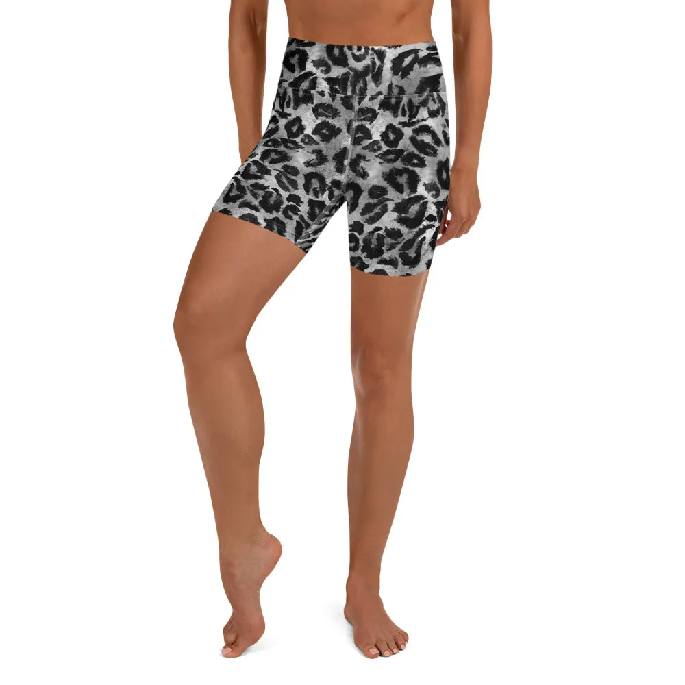 Dark Grey Leopard Yoga Shorts, Animal Print Women's Short Tights-Made in USA/EU