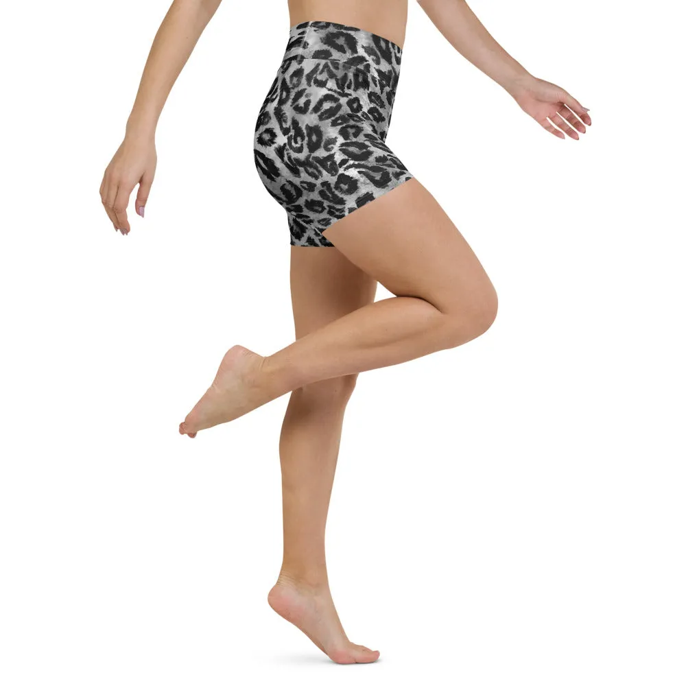 Dark Grey Leopard Yoga Shorts, Animal Print Women's Short Tights-Made in USA/EU