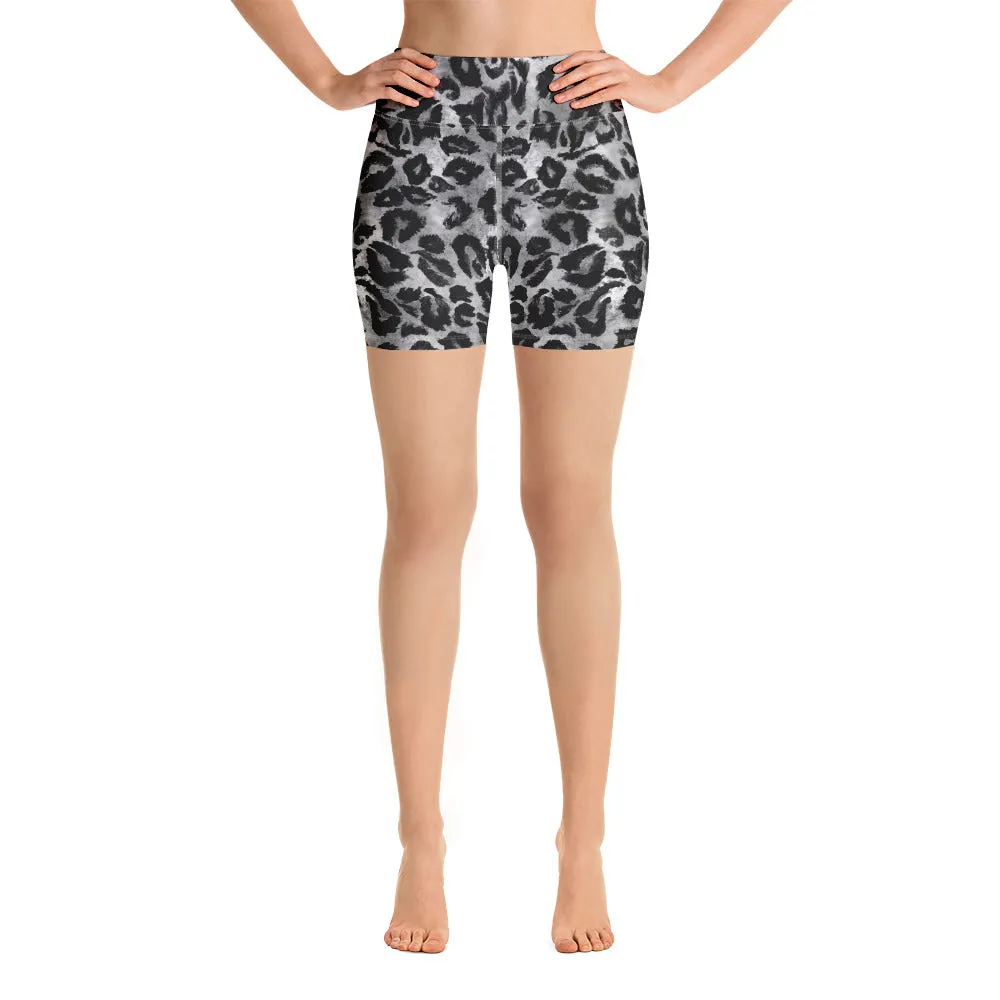 Dark Grey Leopard Yoga Shorts, Animal Print Women's Short Tights-Made in USA/EU