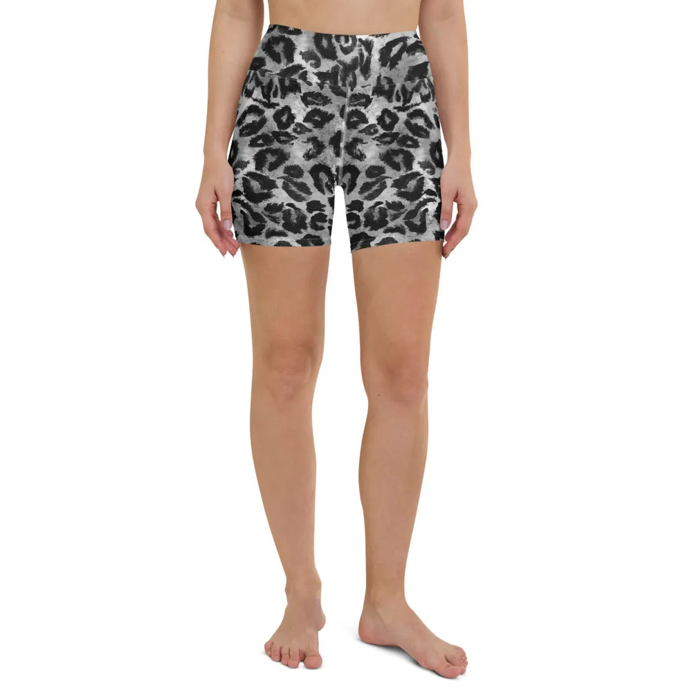 Dark Grey Leopard Yoga Shorts, Animal Print Women's Short Tights-Made in USA/EU