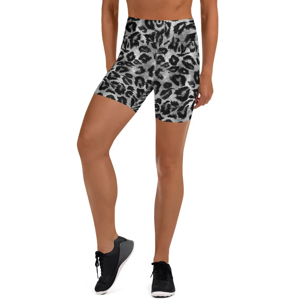 Dark Grey Leopard Yoga Shorts, Animal Print Women's Short Tights-Made in USA/EU