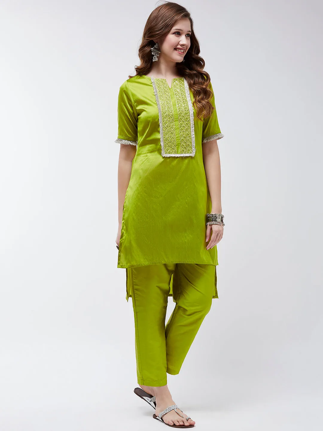 Festive Embroidered High-Low Kurta With Matching Pants