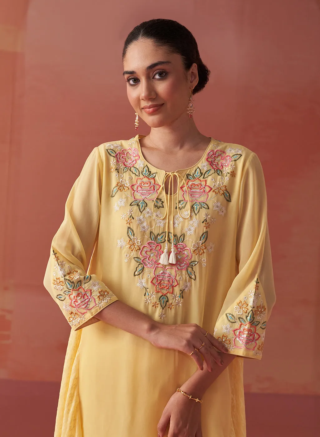 Firdaus Lemon Embroidered Georgette Designer Long Kurta for Women