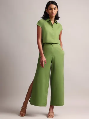 Green Cotton Solid Shirt Style Co-Ord Set