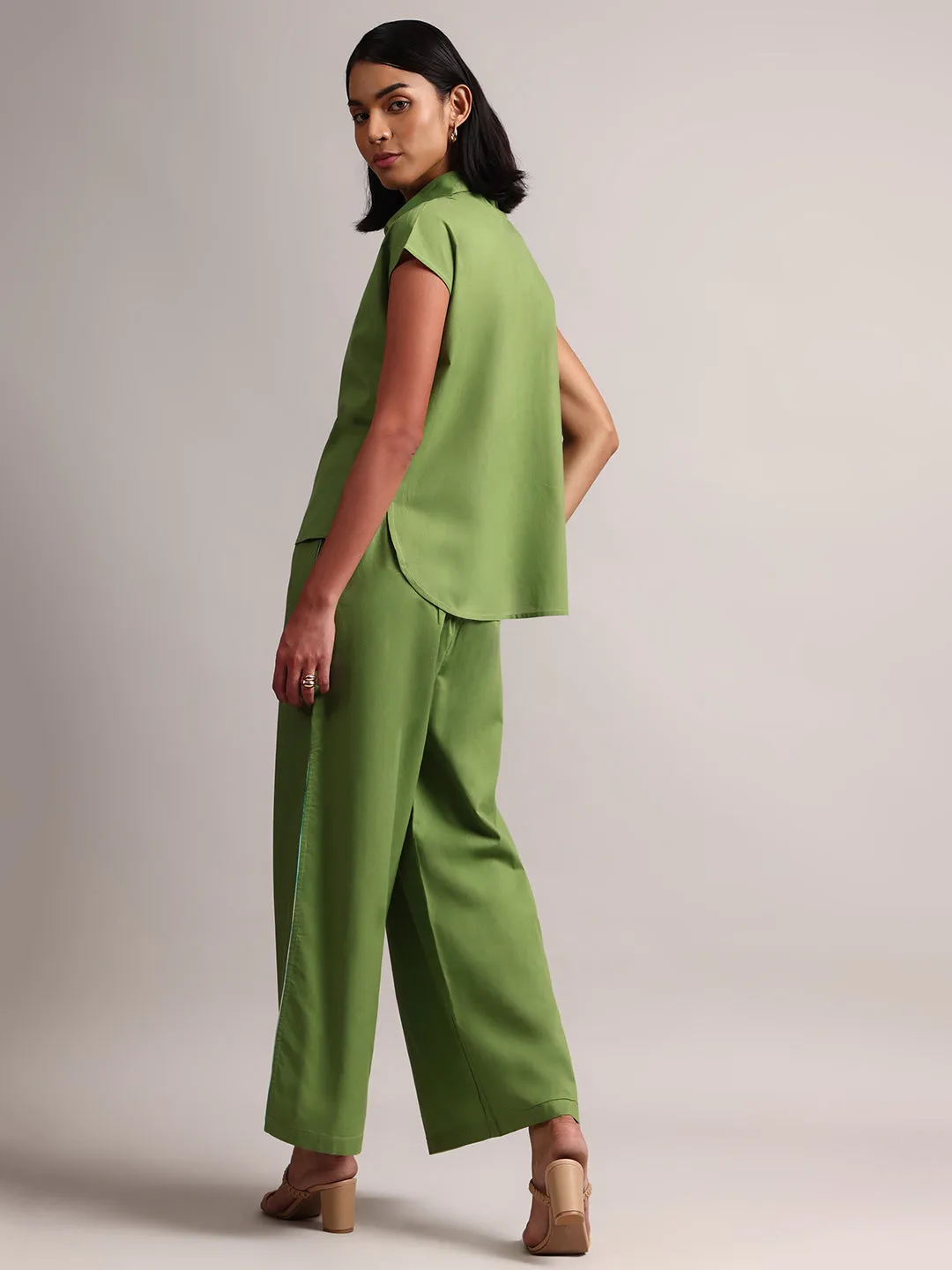 Green Cotton Solid Shirt Style Co-Ord Set