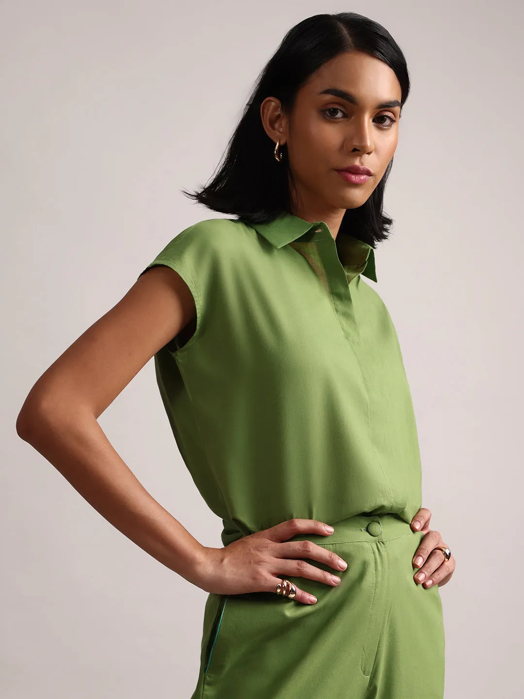 Green Cotton Solid Shirt Style Co-Ord Set