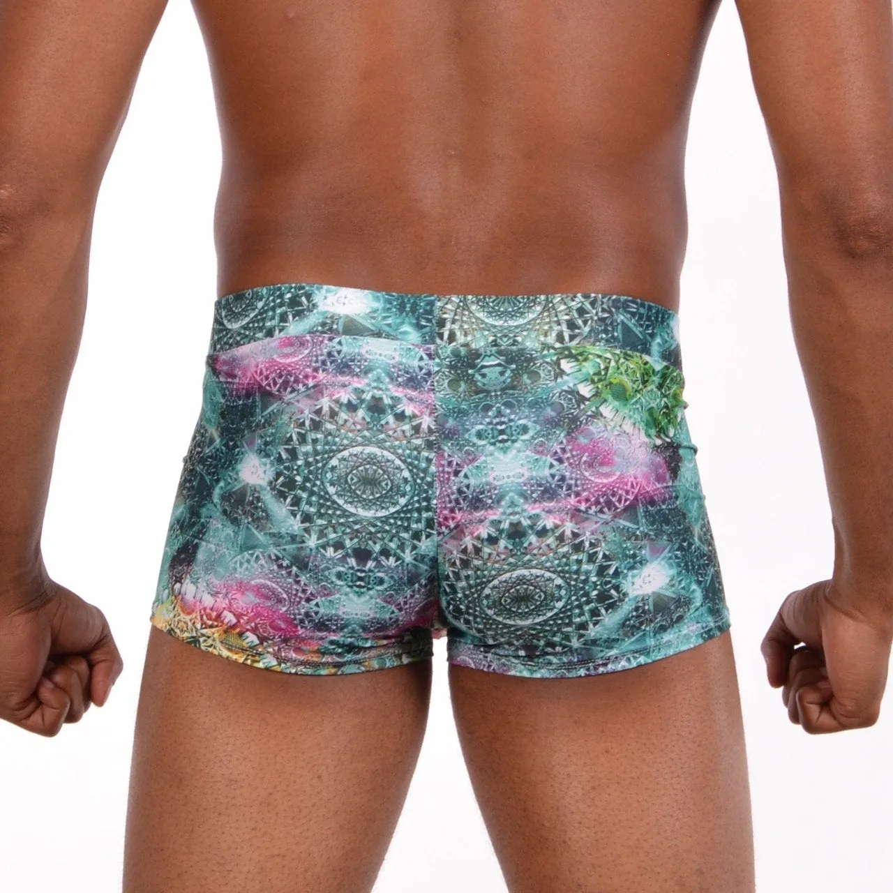 Green Fractal Brief Booty Shorts With Front Pouch - Made in USA - Festival Clothing