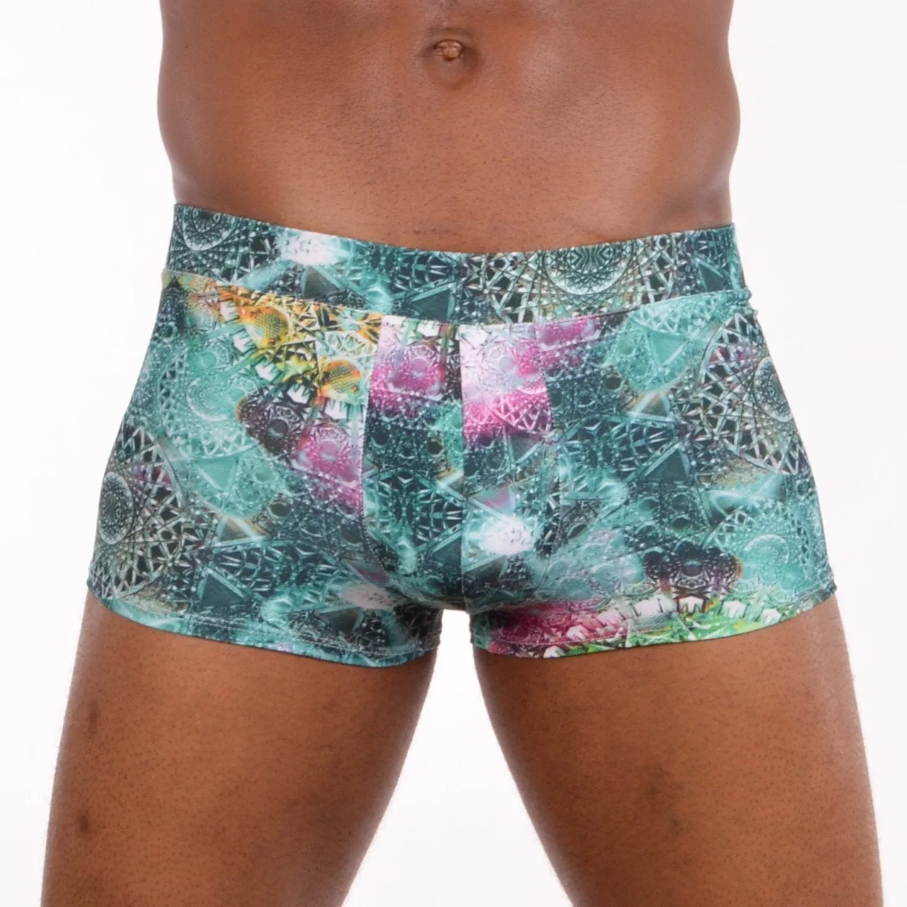 Green Fractal Brief Booty Shorts With Front Pouch - Made in USA - Festival Clothing