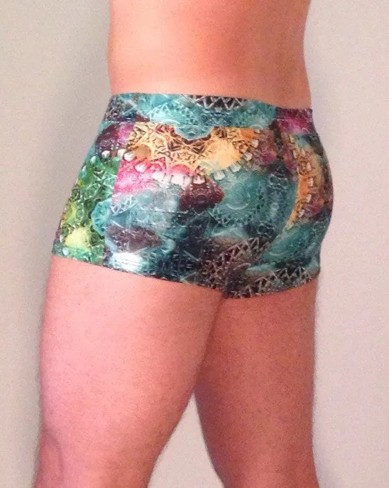 Green Fractal Brief Booty Shorts With Front Pouch - Made in USA - Festival Clothing