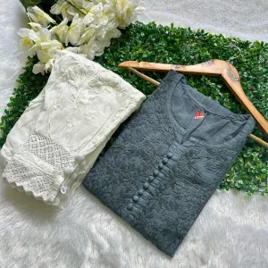 Grey Color Modern Mirage Cotton Kurti & Afghani Pant Ensemble