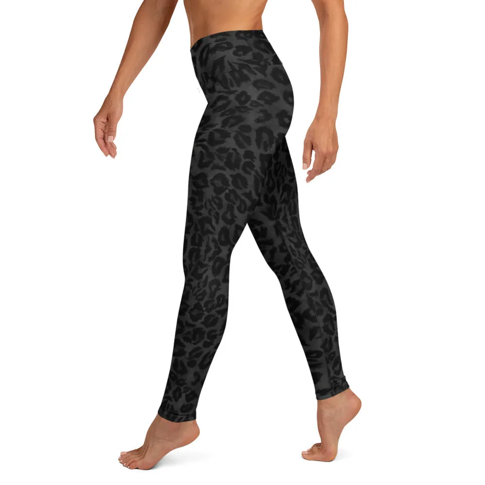 Grey Leopard Print Yoga Leggings, Animal Print Black Long Compression Tights-Made in USA/EU