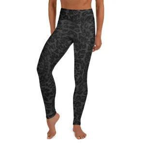 Grey Leopard Print Yoga Leggings, Animal Print Black Long Compression Tights-Made in USA/EU