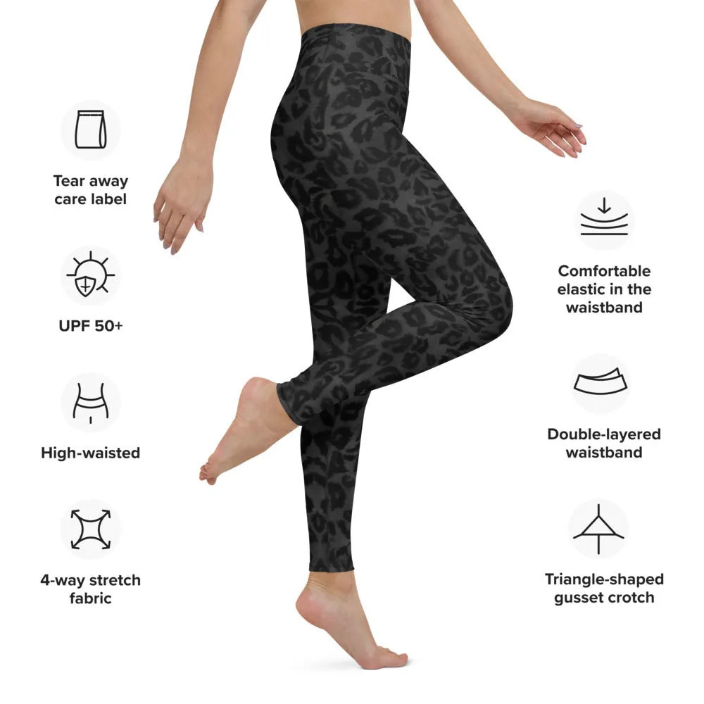 Grey Leopard Print Yoga Leggings, Animal Print Black Long Compression Tights-Made in USA/EU