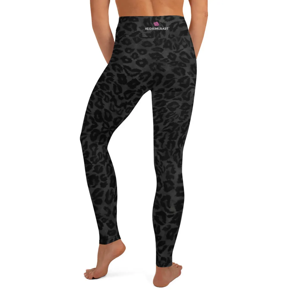 Grey Leopard Print Yoga Leggings, Animal Print Black Long Compression Tights-Made in USA/EU