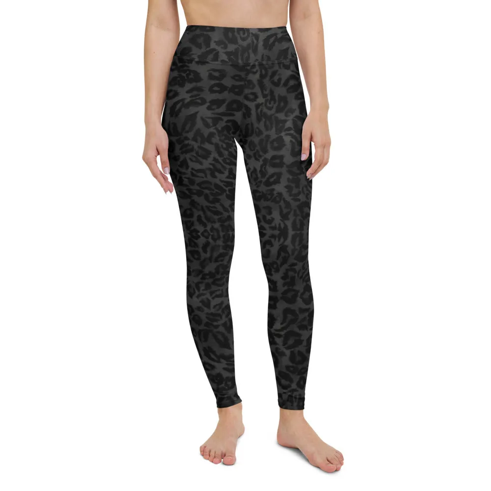 Grey Leopard Print Yoga Leggings, Animal Print Black Long Compression Tights-Made in USA/EU