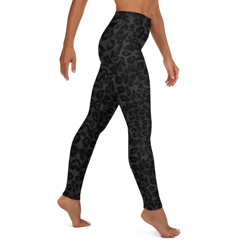 Grey Leopard Print Yoga Leggings, Animal Print Black Long Compression Tights-Made in USA/EU