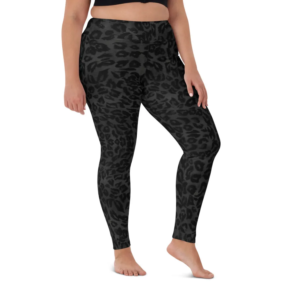 Grey Leopard Print Yoga Leggings, Animal Print Black Long Compression Tights-Made in USA/EU