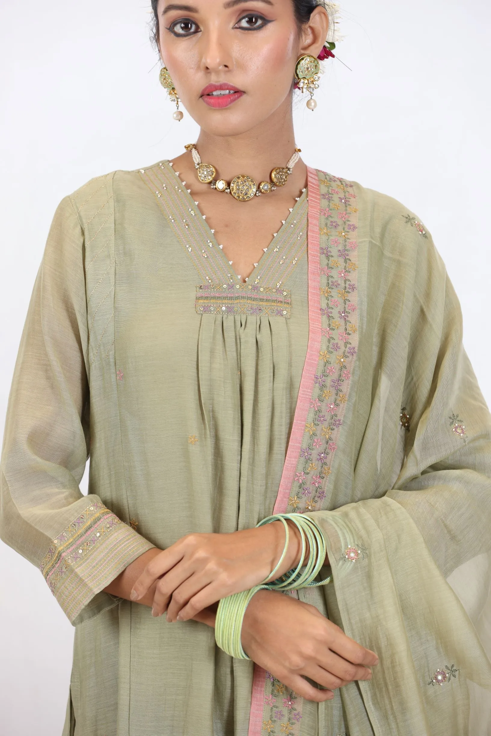 INDU EMBROIDERED KURTA SET - GREEN