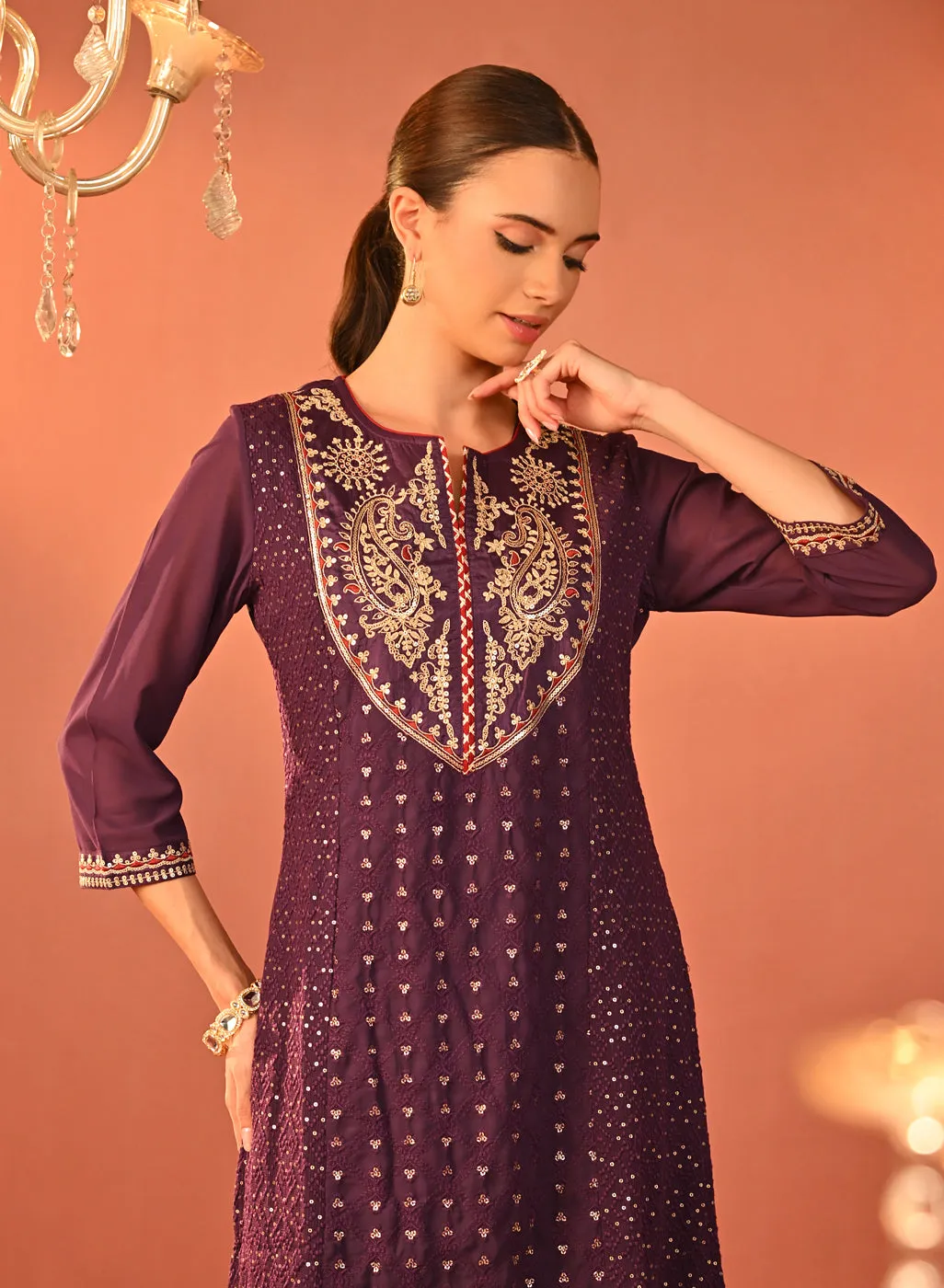 Jasleen Deep Purple Georgette Jacquard Embroidered Kurta Set for Women