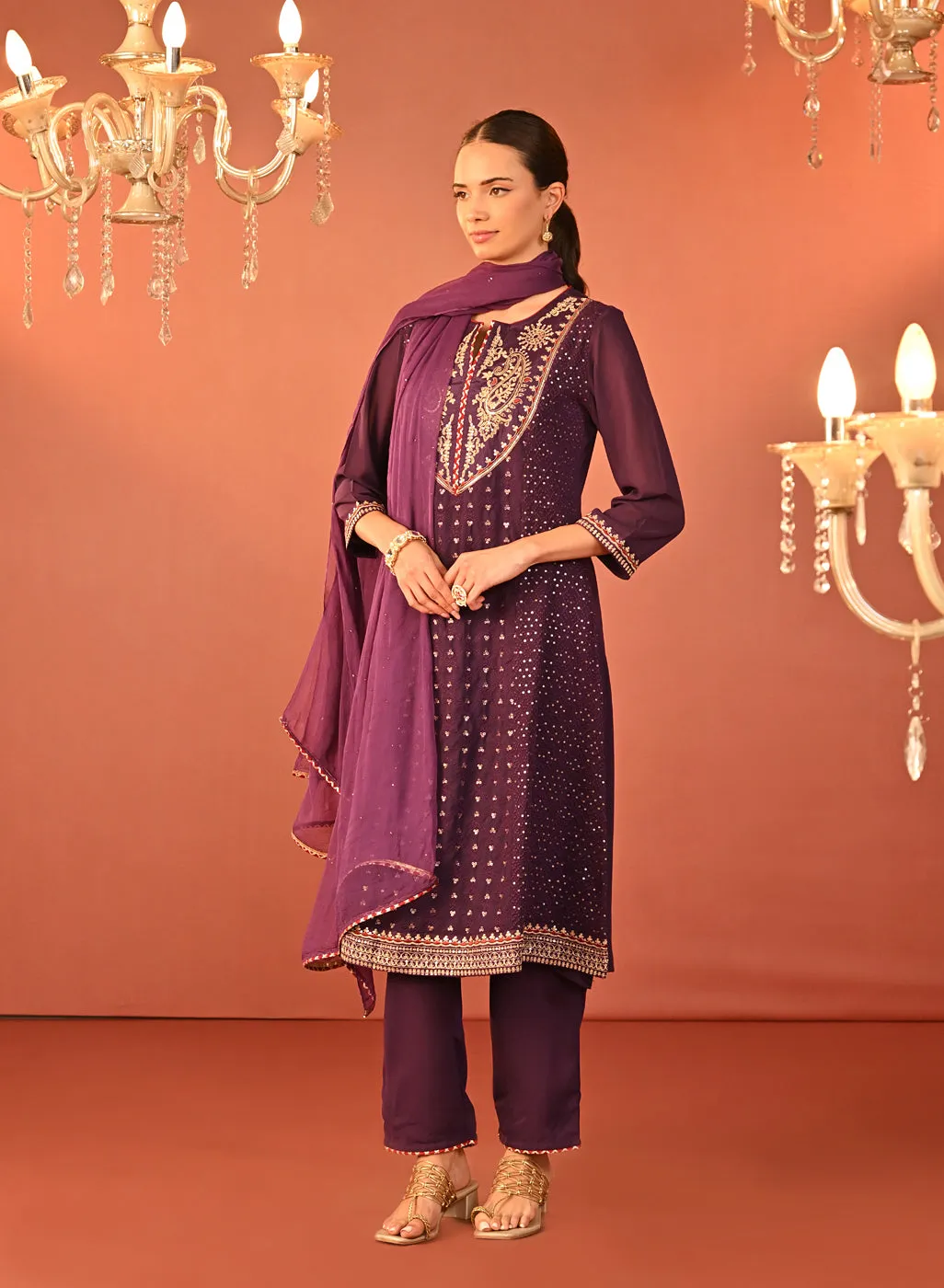 Jasleen Deep Purple Georgette Jacquard Embroidered Kurta Set for Women