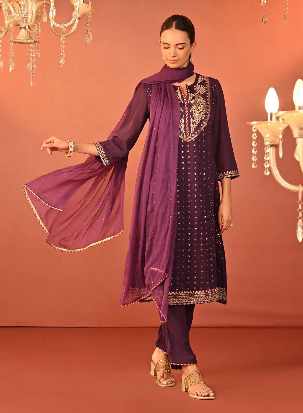 Jasleen Deep Purple Georgette Jacquard Embroidered Kurta Set for Women