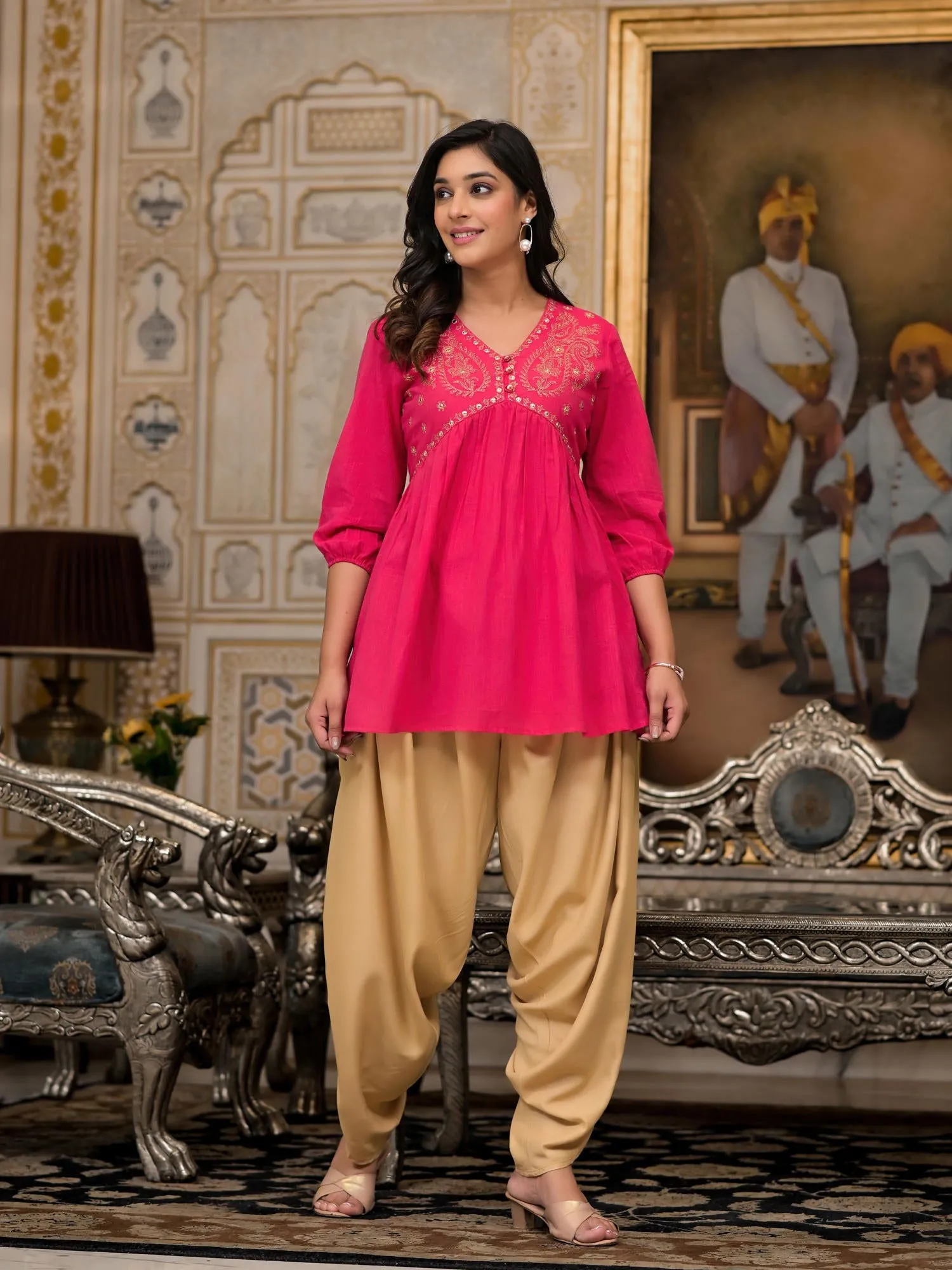 Juniper Fuchsia Embroidered Cotton Women Tunic And Pant Co-Ord Set With Mirror & Zari Work