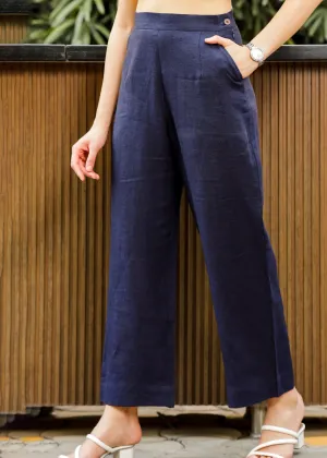 Luna - Ankle Length Pure Linen Trousers - Navy Blue