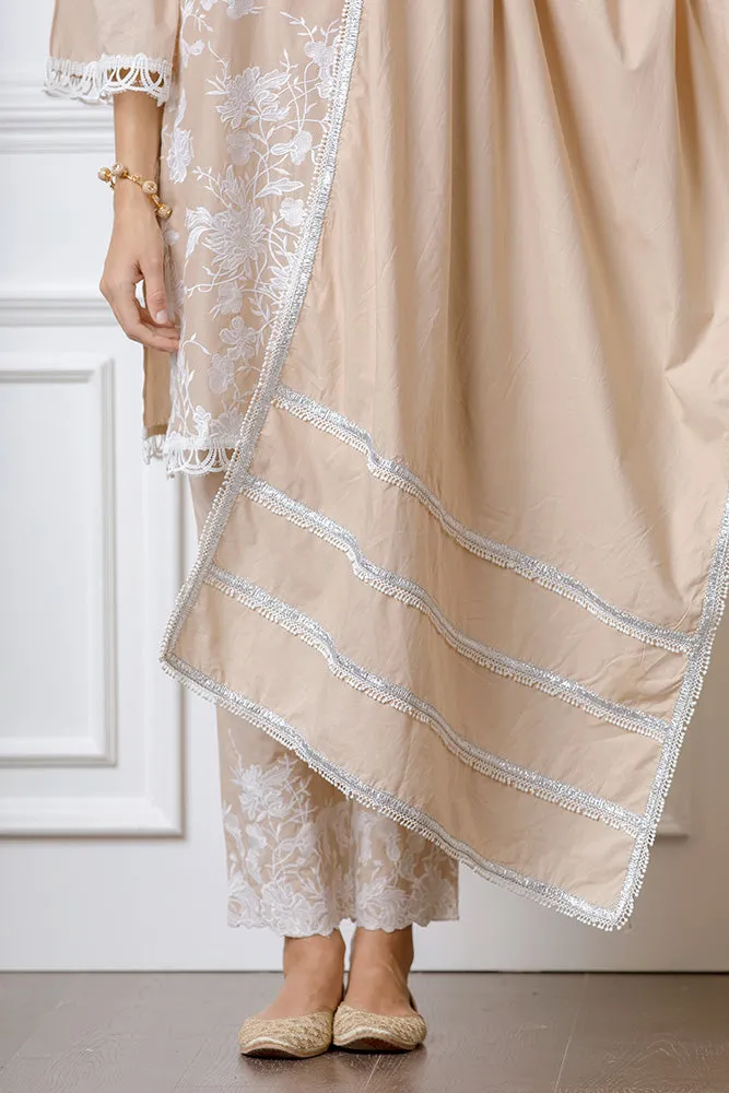 Mulmul Cecilia Beige Kurta With Floral Embroidered Pyajamas