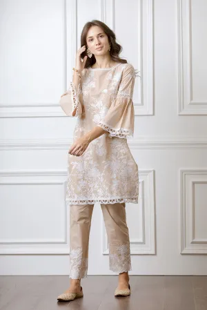 Mulmul Cecilia Beige Kurta With Floral Embroidered Pyajamas