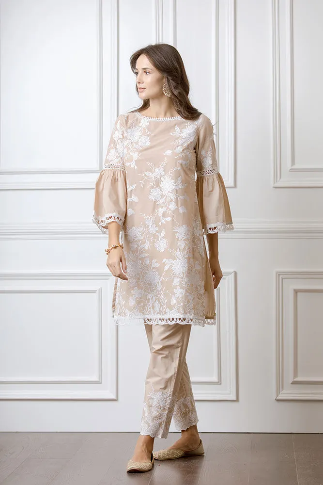 Mulmul Cecilia Beige Kurta With Floral Embroidered Pyajamas