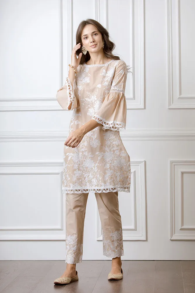 Mulmul Cecilia Beige Kurta With Floral Embroidered Pyajamas